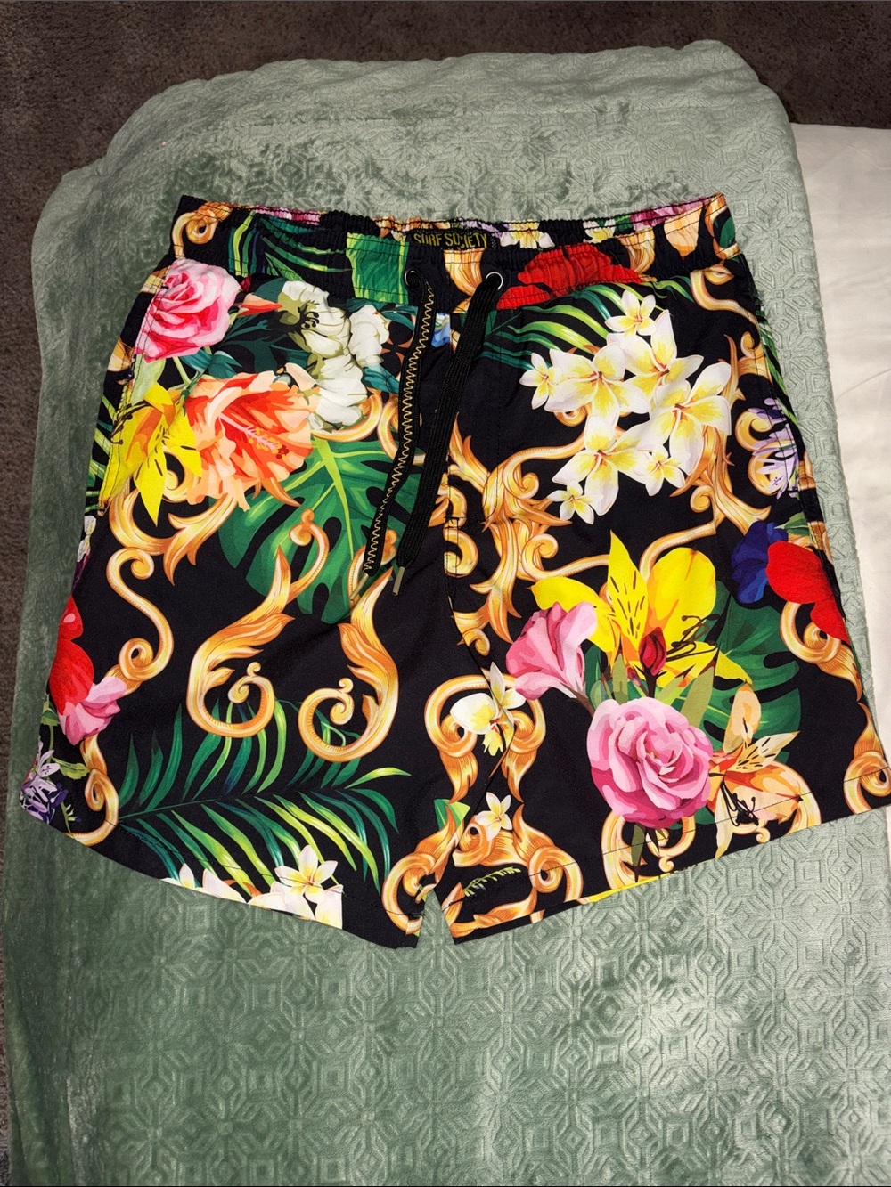 Men's Black Floral Swim Hybrids with Tropical Print